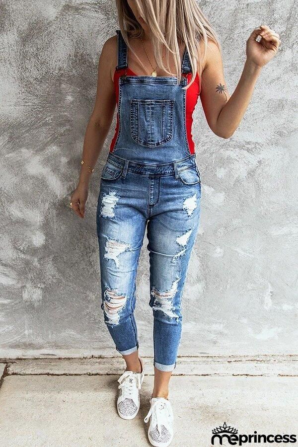 Retro Ripped Stretch Denim Overall