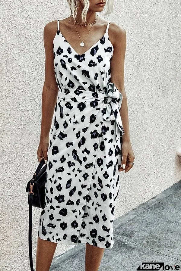 Fashionable Leopard-print Strapped Backless Midi Dress