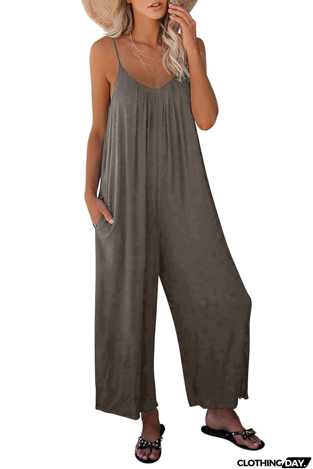 Spaghetti Straps Wide Leg Pocketed Jumpsuits