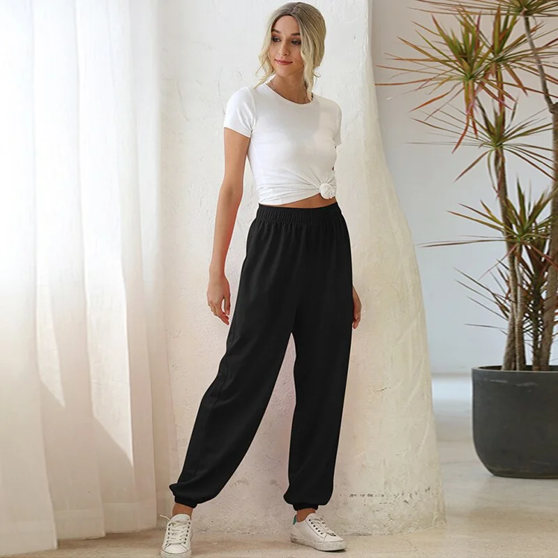 2021 New Women Solid Sports Trousers Autumn Winter Casual Loose Running Jogger Pants Female Elastic Waist Street Long Pants