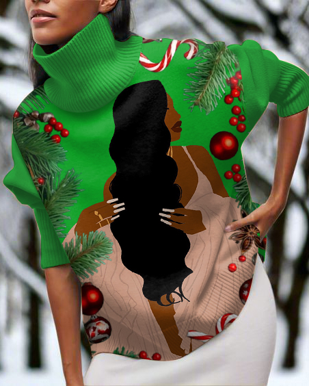 Black Girl Christmas High Neck Long Sleeve Top