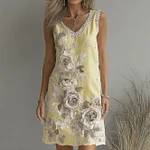 Women's Vintage Rose Art V-neck Sleeveless Mini Dress - Image 7