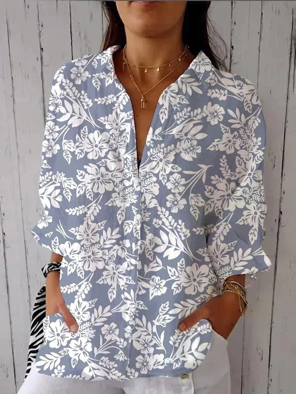 Women's Silhouette White Floral Print On Blue Print Casual Linen V-neck Shirt