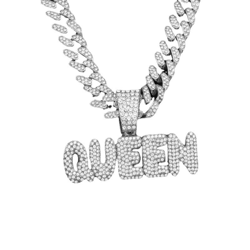 1 Men’s Diamond QUEEN Letter Hip Hop Hipster Full Diamond Hip Hop Necklace Pendant Accessories Cuban Chain