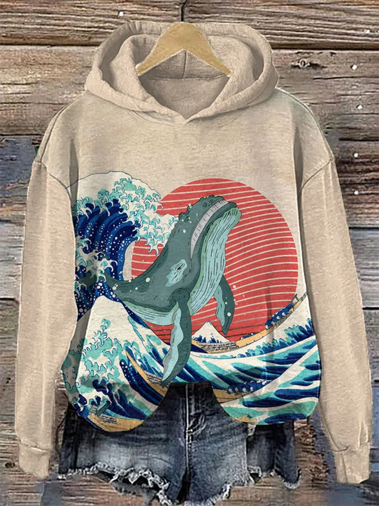 Great Wave Whale Japanese Art Painting Print Hooded Sweatshirt