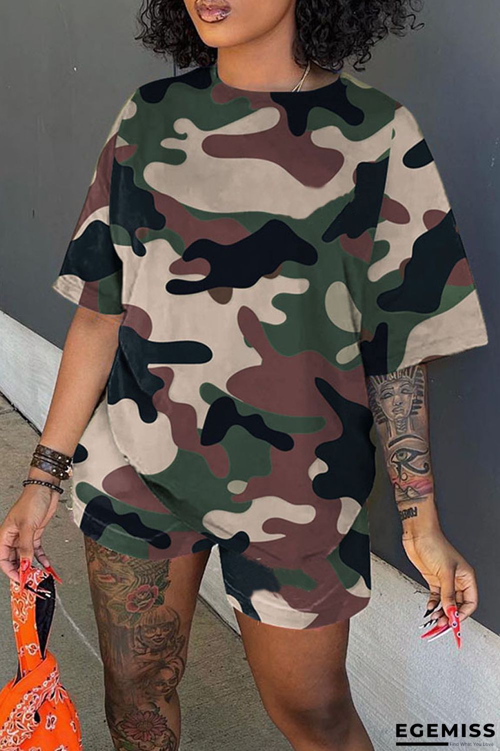 Army Green Casual Print Patchwork O Neck Short Sleeve Two Pieces | EGEMISS