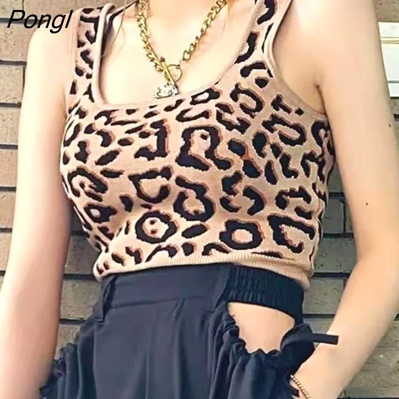 Pongl Women Summer Crop Tank Crop Top Knitted Leopard Sexy Sports Tops Cottagecore Stretchy Camisole Soft Crop Tops Women