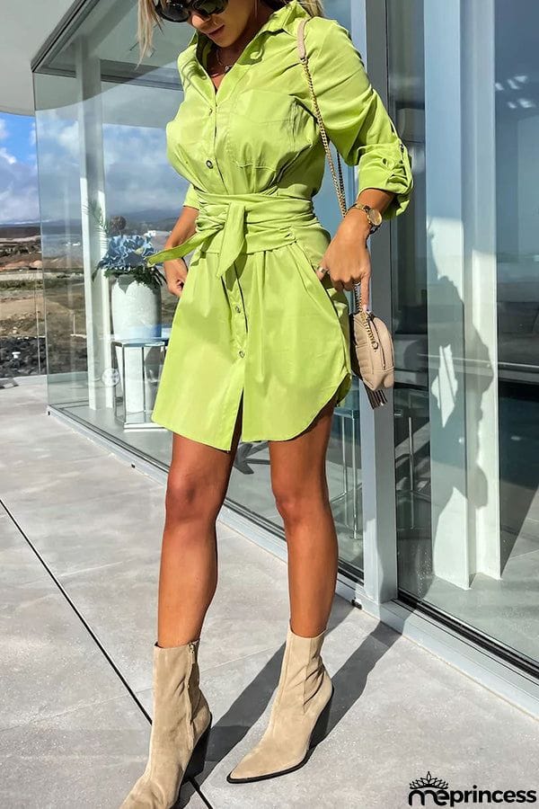 Sun Valley Tie Front Button Pocketed Shirt Mini Dress