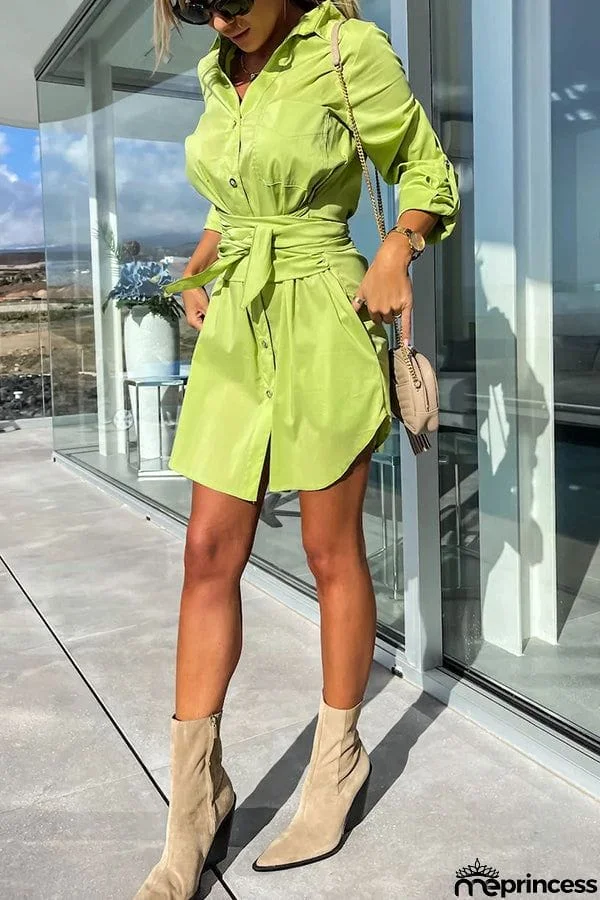 Sun Valley Tie Front Button Pocketed Shirt Mini Dress