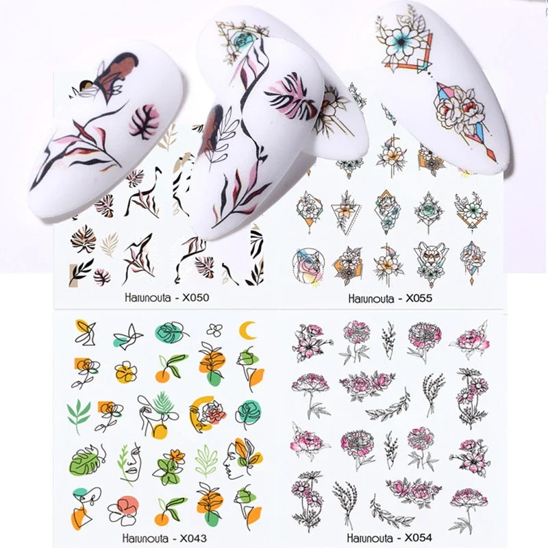 Harunouta 4pcs Geometry Color Wave Line Water Decals Stickers Flower Leaves Slider For Nails Spring Summer Nail Art Decorations-Nail Inspo