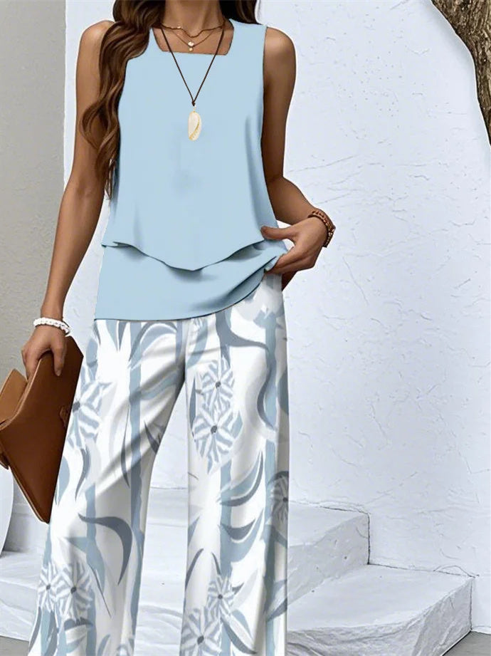 Women's Sleeveless Square Collar Floral Printed Casual Set