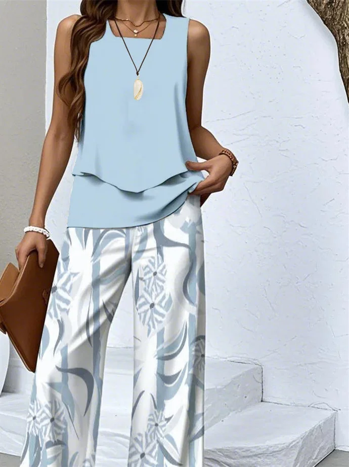 Women's Sleeveless Square Collar Floral Printed Casual Set