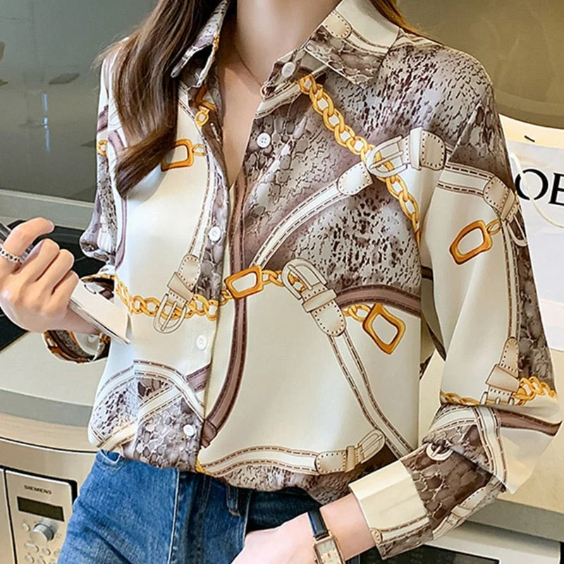 Spring Autumn Women's Shirt New Korean Retro Loose Contrast Color Leopard Chiffon Blouse Commuter Long Sleeve Tops GD271