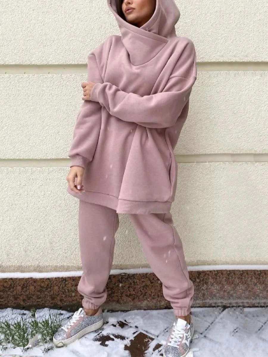 Two-piece suit of solid color casual hoodie and sweatpants