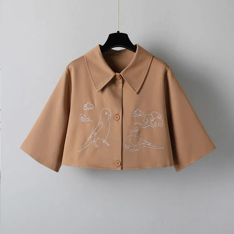 Vintage Embroirdery Lapel Crop Top V-neck Lace Up Dress  - Modakawa modakawa
