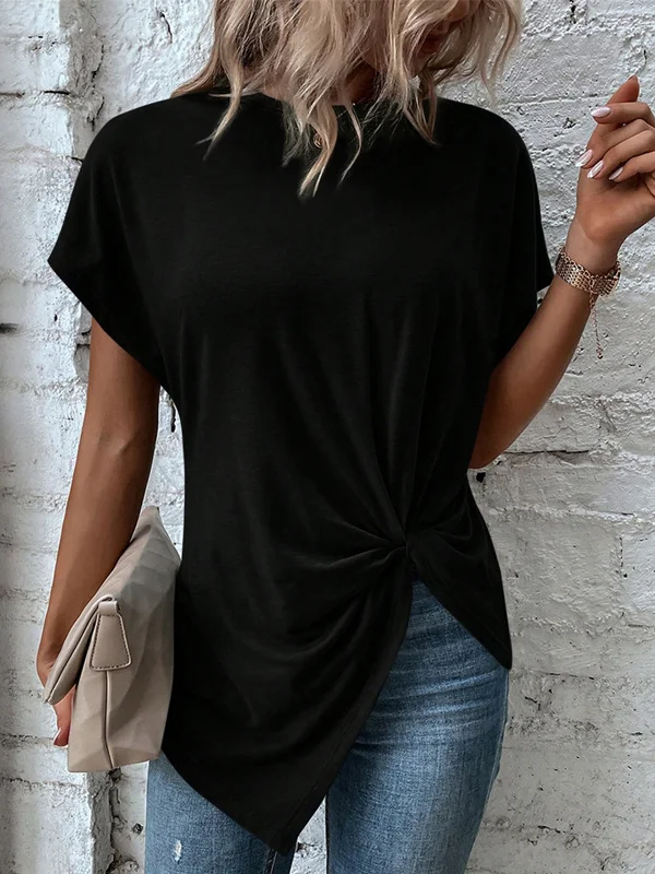 Split-Joint Solid Color Pleated Asymmetric Loose Batwing Sleeves Round-neck T-shirts