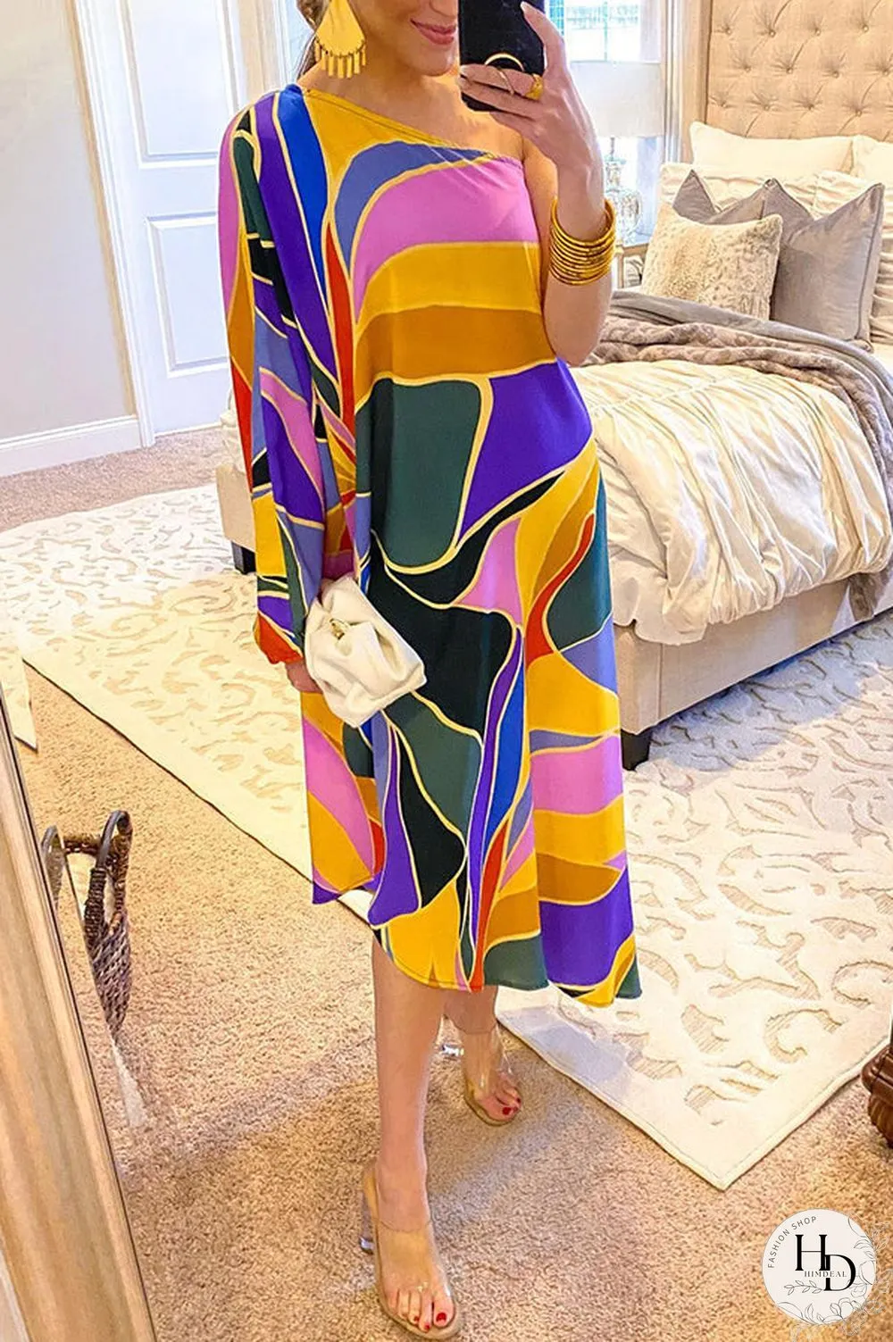 Multi Print Asymmetrical One Shoulder Dress