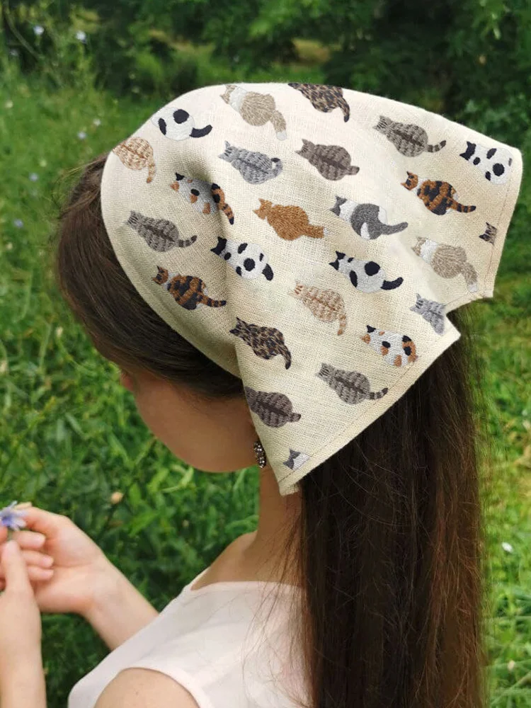 Cute Cats Embroidery Pattern Linen Blend Kerchief