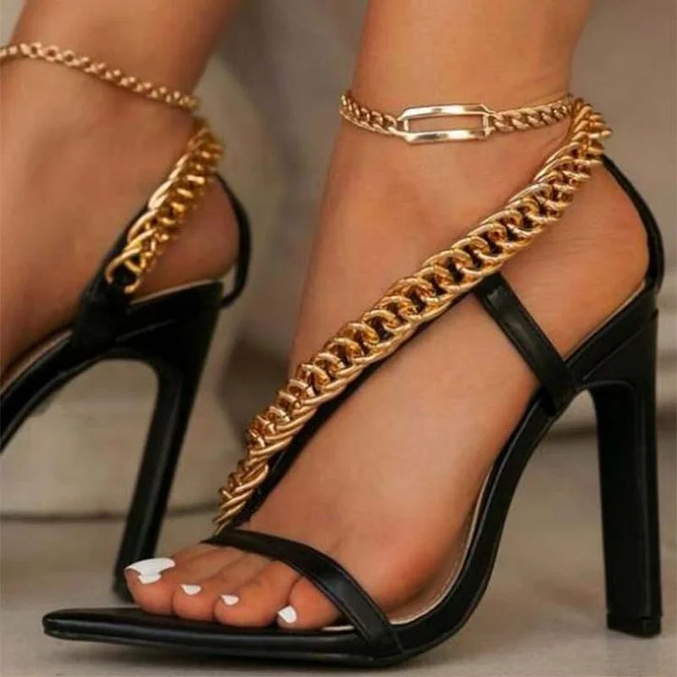 Black Square Toe Stiletto Heel Women'S Metallic Chain Shoes Vintage Sexy Sandals |FSJ Shoes