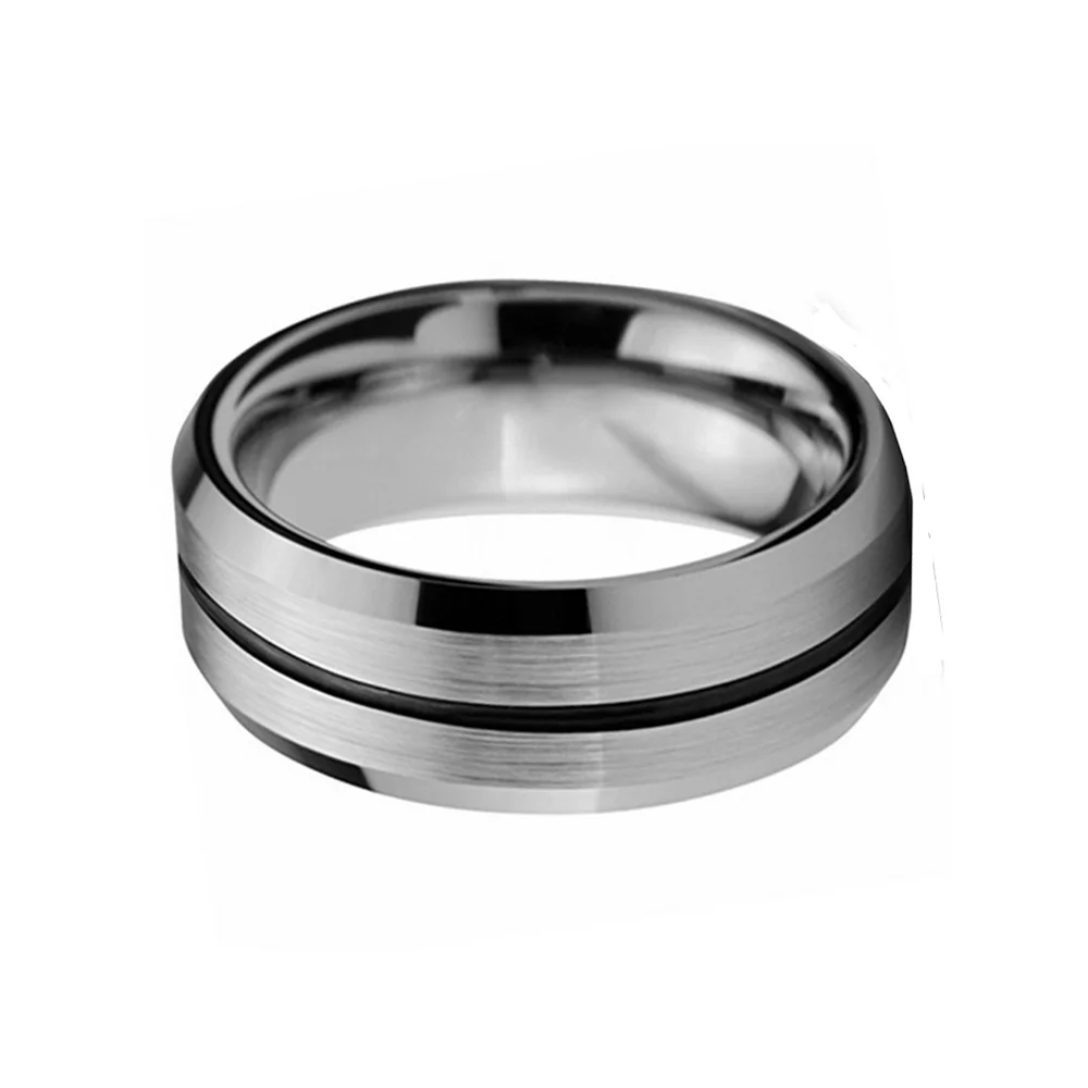 8MM Brushed Center Black Groove Tungsten Carbide Rings Bevel Edge Men Wedding Band