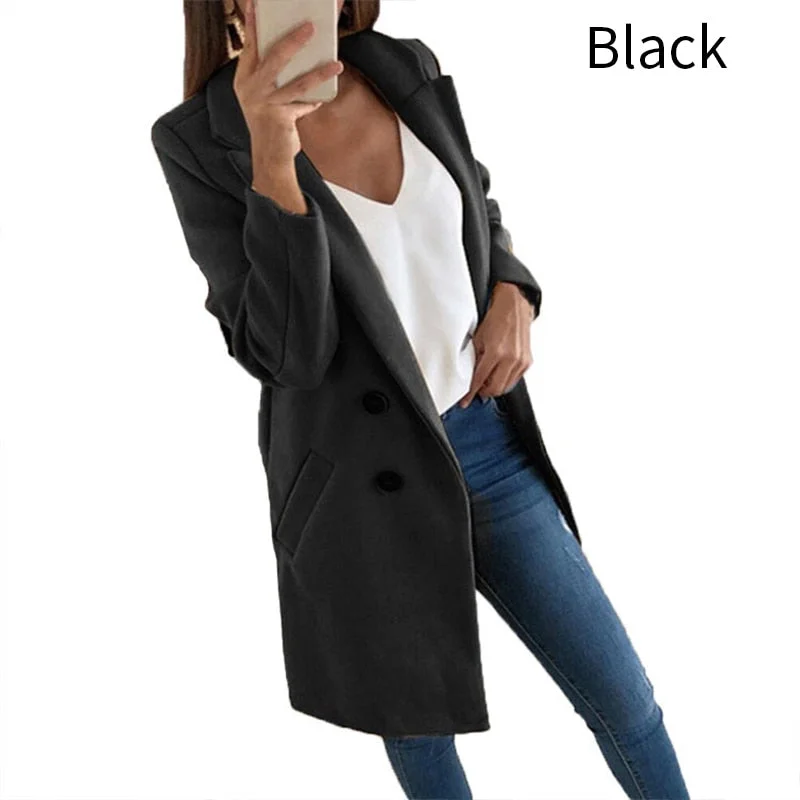 Women Double Breasted Coat Winter Casual Solid Lapel Collar Womens Long Trench Coat Fashion Office Lady Female Blazer Coat