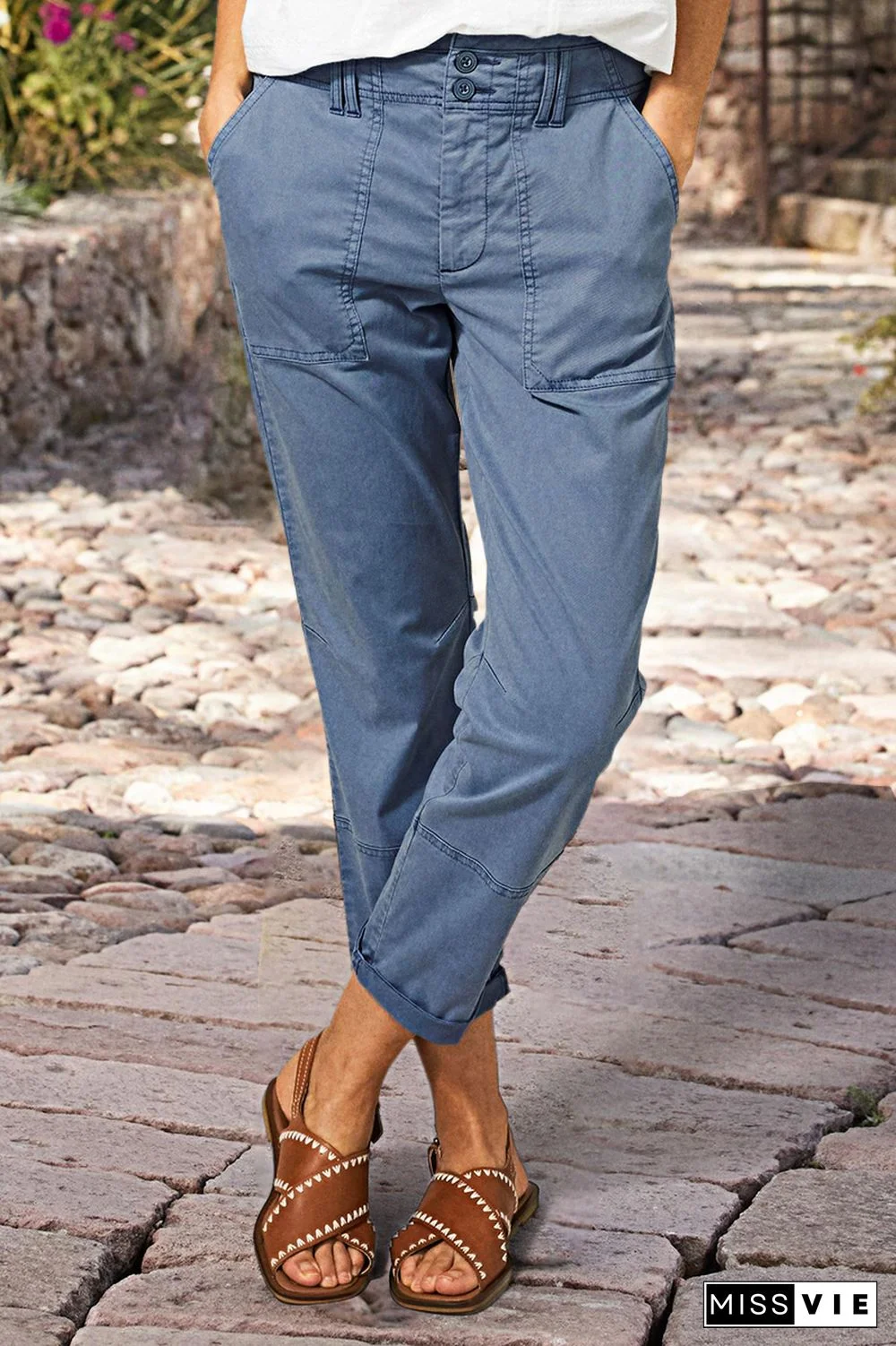 Double Button Mid Waist Straight Leg Pants