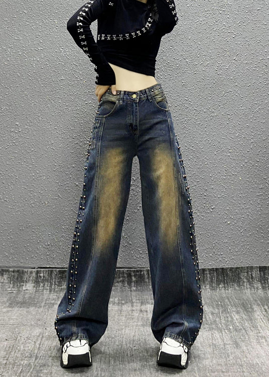 VCSHOES Blue Pockets Rivet High Waist Denim Wide Leg Pants Fall