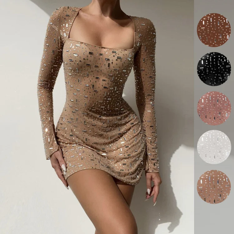 Sequins rhinestone sexy semi-sheer long-sleeved short dresses