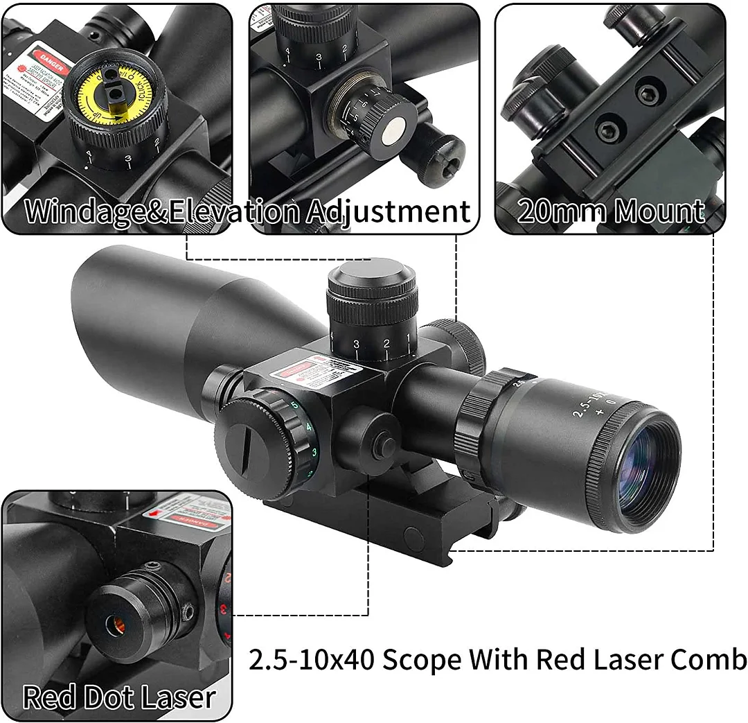 ohhunt® 2.5-10x40 Red Green Illuminated Tactical Rifle Scope Crossbow Scope with Red Laser Combo Less Than 5mW Output