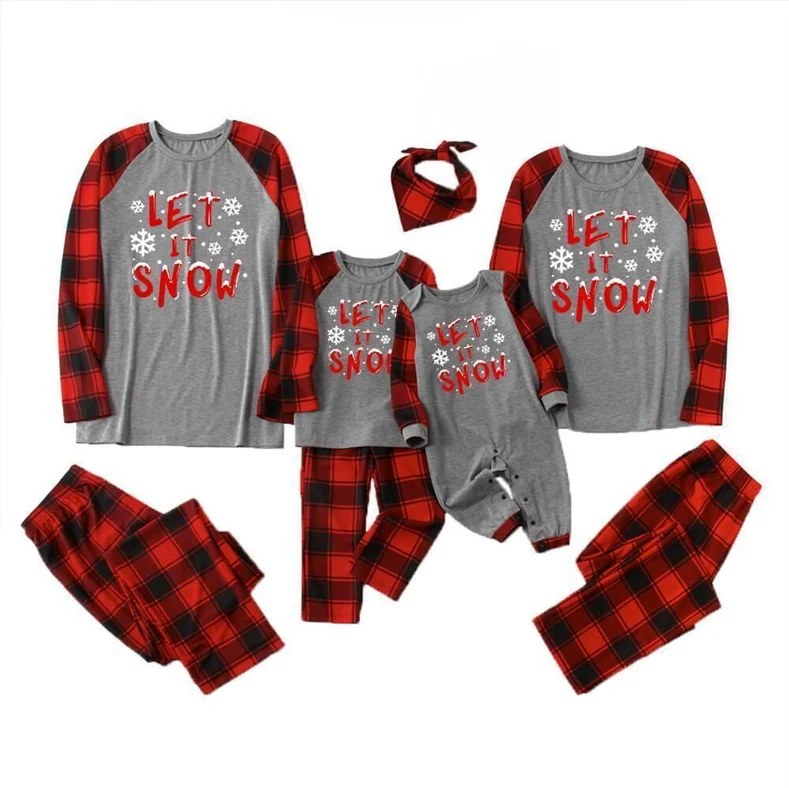 Let It Snow Snowflake Grey Top With Grey&Red Plaid Pants Matching Pajamas