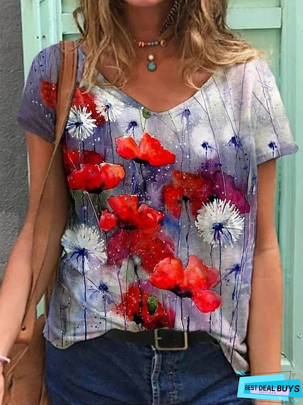 Women's Floral Theme T-shirt Floral Flower Print V Neck Tops Basic Top Blue Purple Red