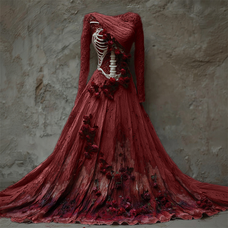 Halloween Bloody Red Roses Skeleton Lace Linen Maxi Dress artswardrobe