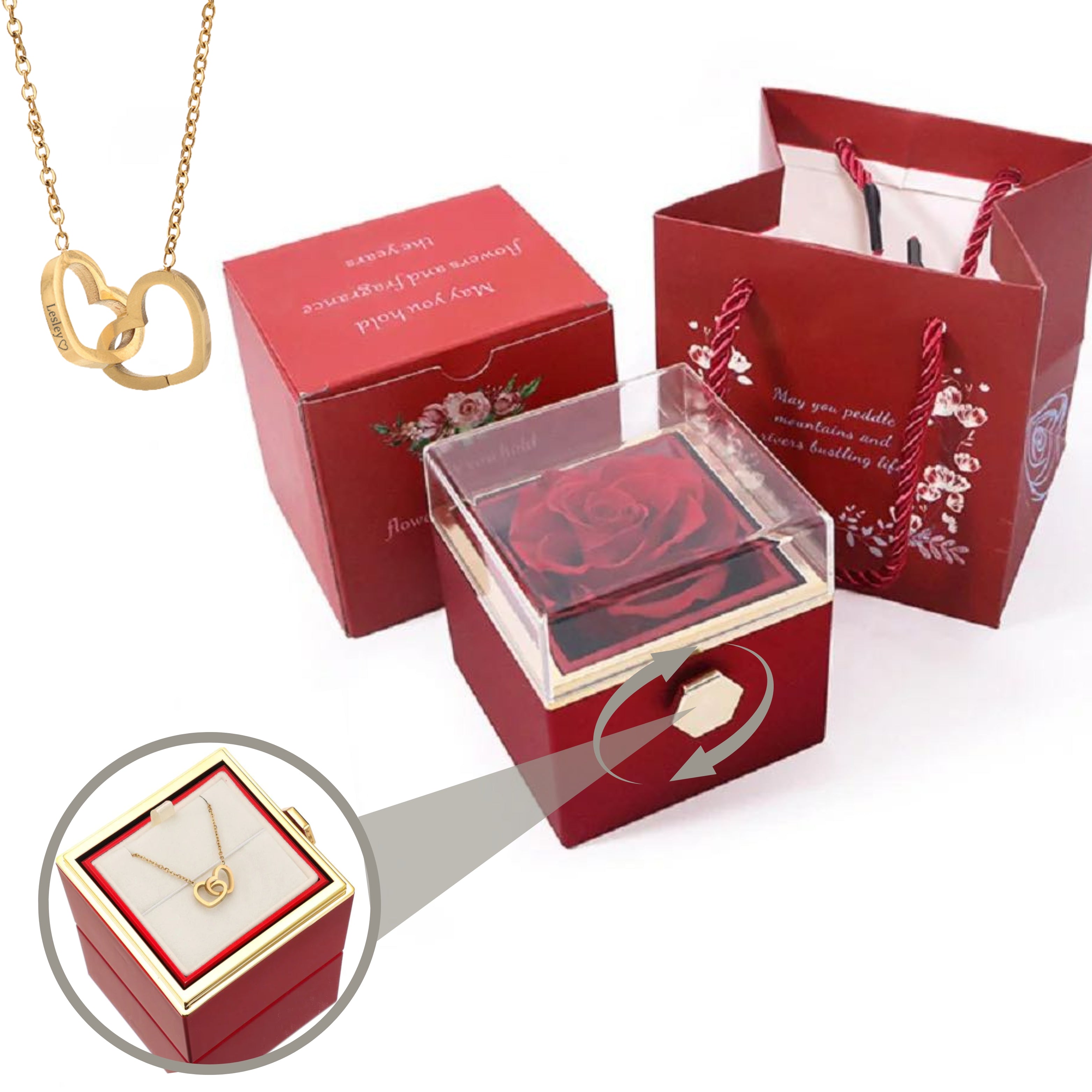 ETERNALLY PRESERVED ROTATING ROSE BOX - W/ ENGRAVED HEART NECKLACE