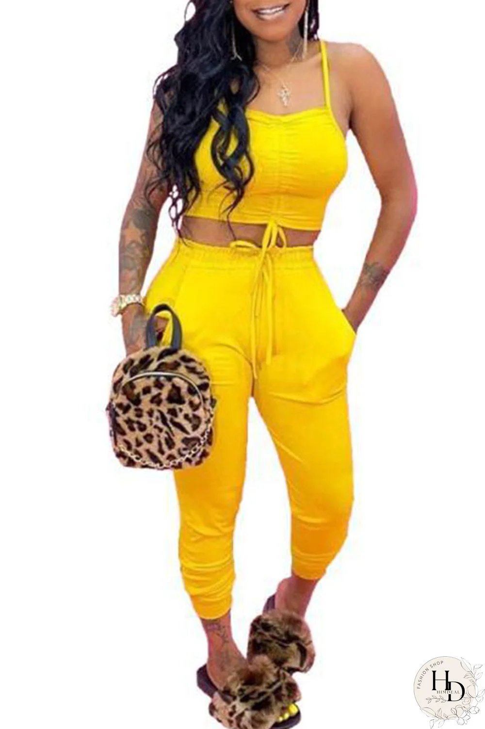 Yellow Cotton Fashion Casual Solid Two Piece Suits pencil Sleeveless Two Pieces