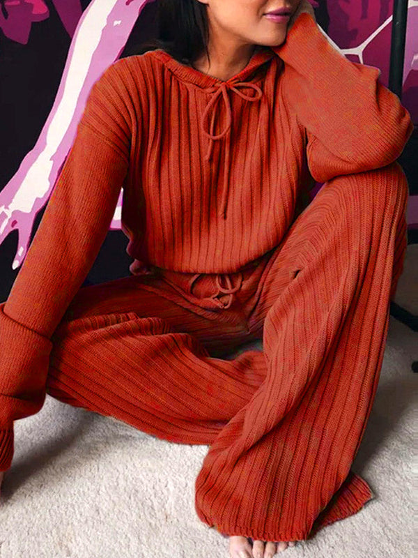 Women's Long Sleeve Hooded Solid Color Two-Piece Set