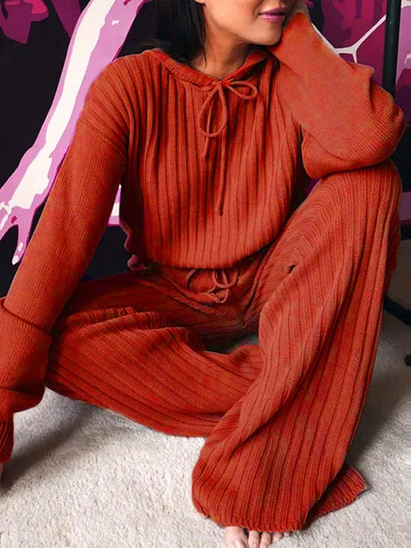 Women's Long Sleeve Hooded Solid Color Two-Piece Set