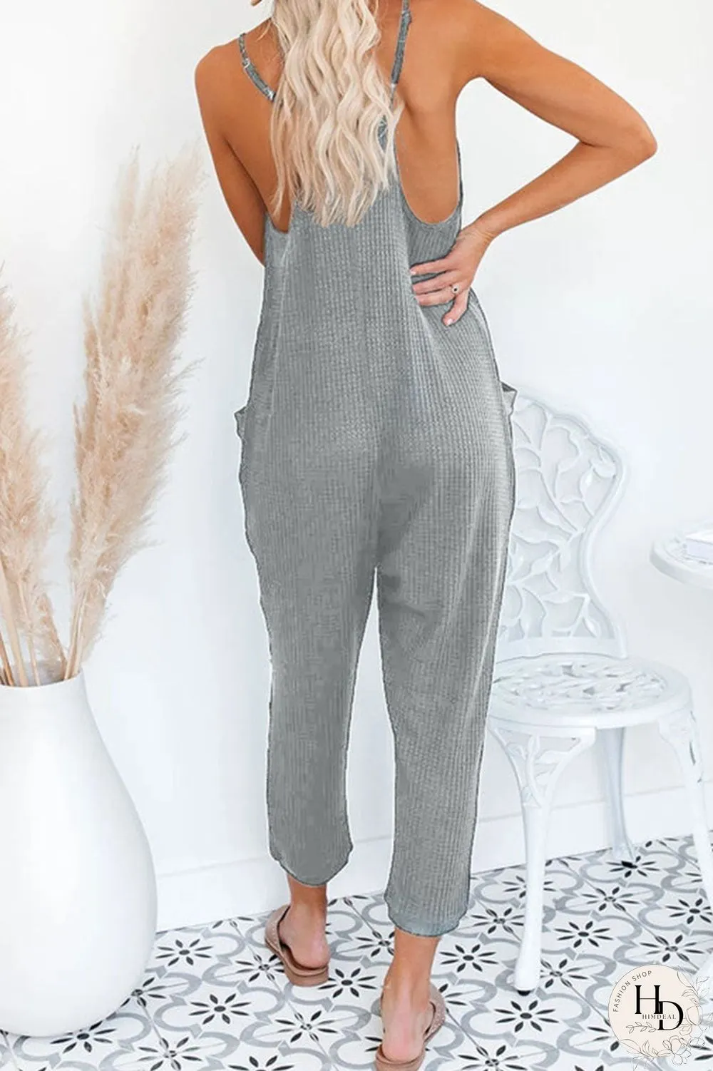 Fashion Street Solid Pocket V Neck Loose Jumpsuits(4 Colors)