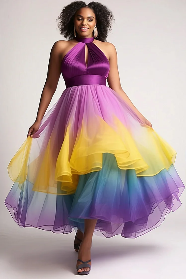 Xpluswear Design Plus Size Semi Formal Elegant Purple Colorblock Halter Collar Cut Out Layered Tiered Tulle Maxi Dresses [Pre-Order]