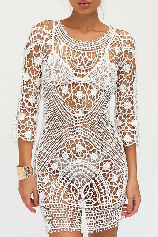 White Bohemian Crochet Tunic Coverup-elleschic