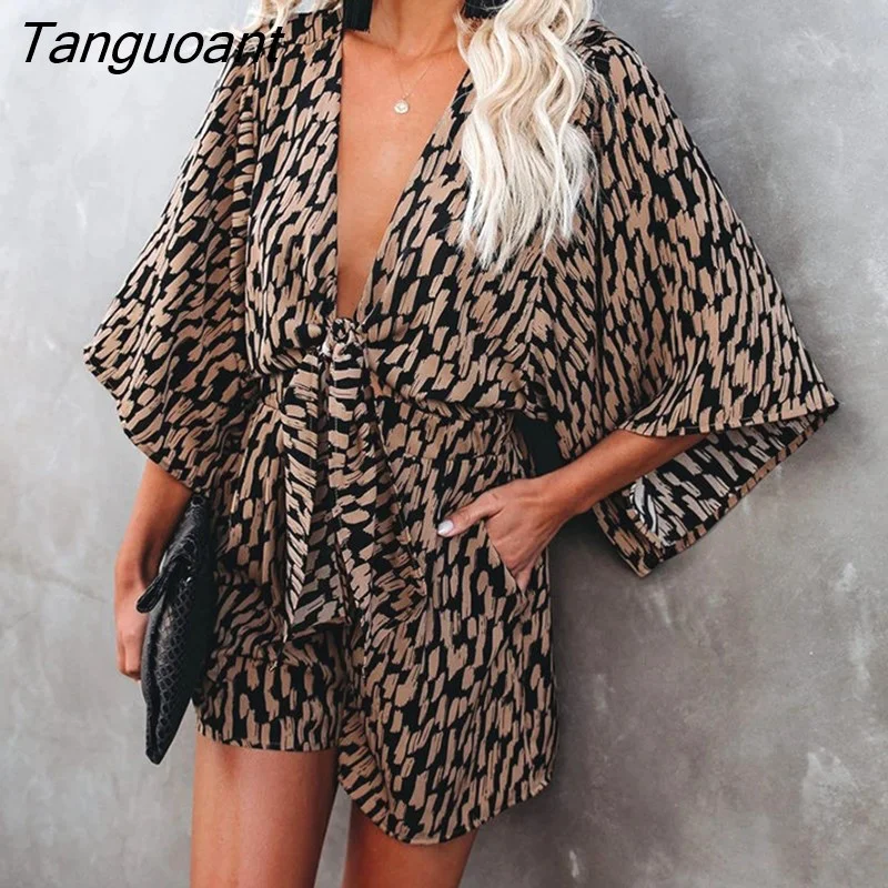 Tanguoant Leopard Print Bowknot Wide Leg Romper Overalls 2023 Casual Loose Summer V Neck Playsuits Short Jumpsuits Pockets