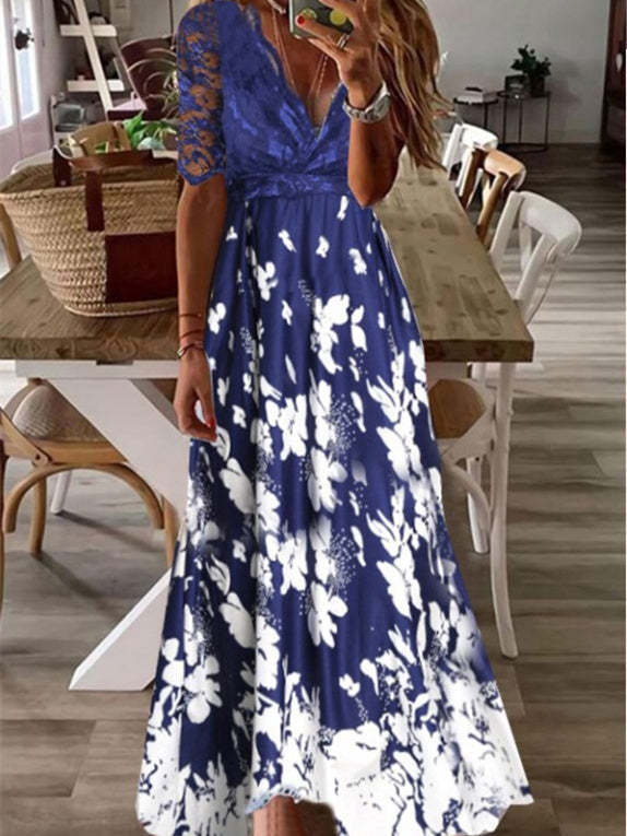 Women's Short Sleeve V-neck Lace Stitching Floral Printed Midi Dress