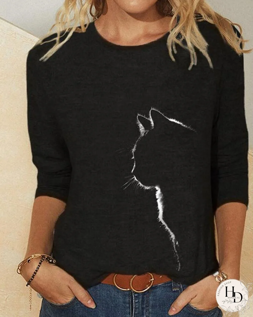 Cat Print Long Sleeves O-neck Casual T-shirt For Women