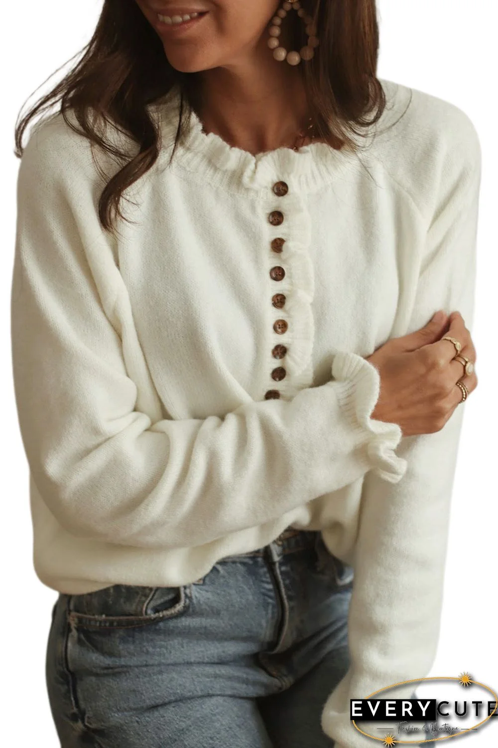 Beige Frill Trim Buttoned Knit Pullover Sweater