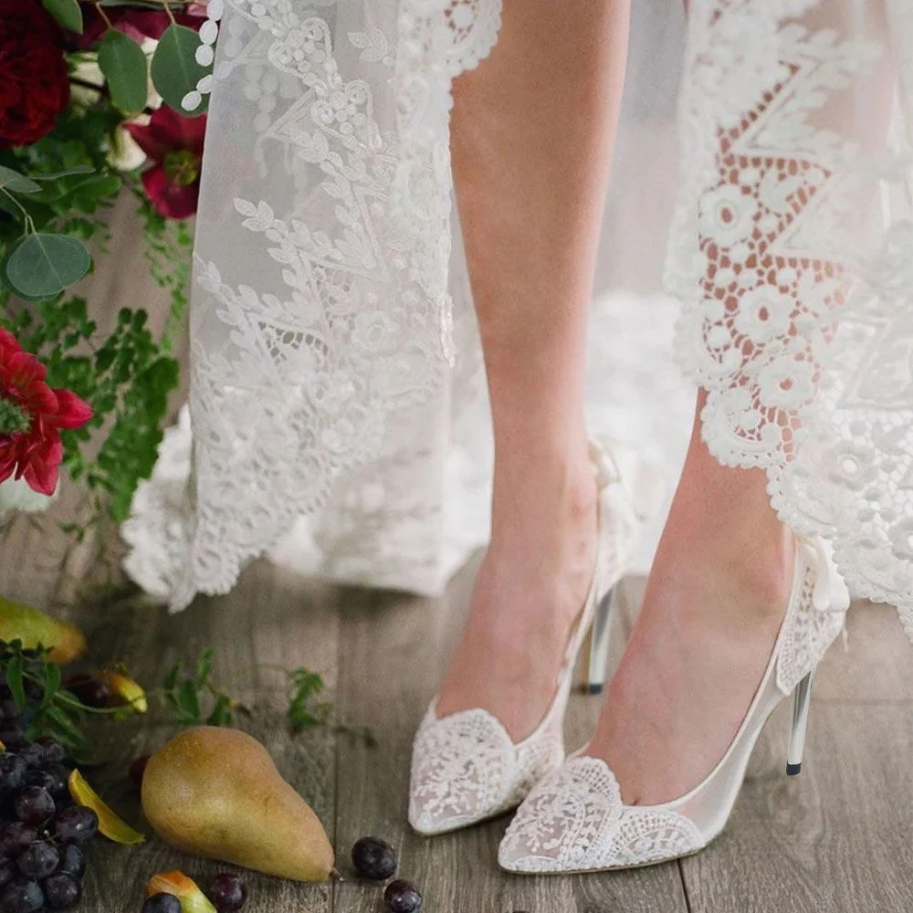 White Almond Toe Stiletto Heels Embroidery Lace Pumps For Wedding Nicepairs