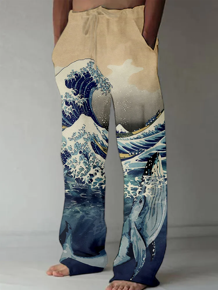 Great Wave with Whale Art Linen Blend Casual Pants