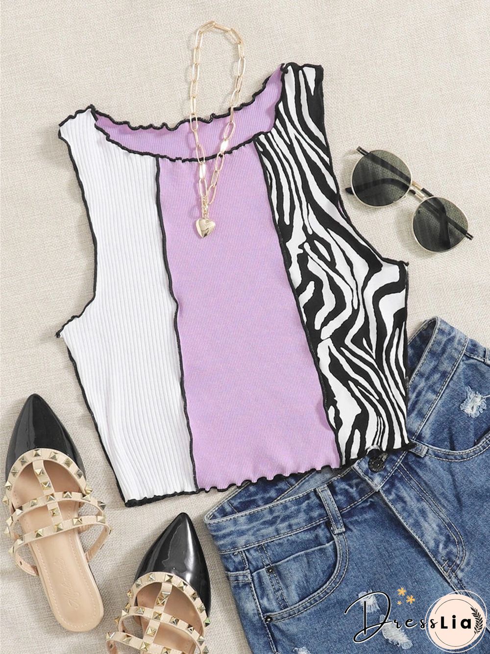 Womens Purple Y2K Zebra Stripe Printed Vest Top Summer Lettuce Trim Sleeveless Crop Tank Top Streetwear Harajuku Tee Shirt