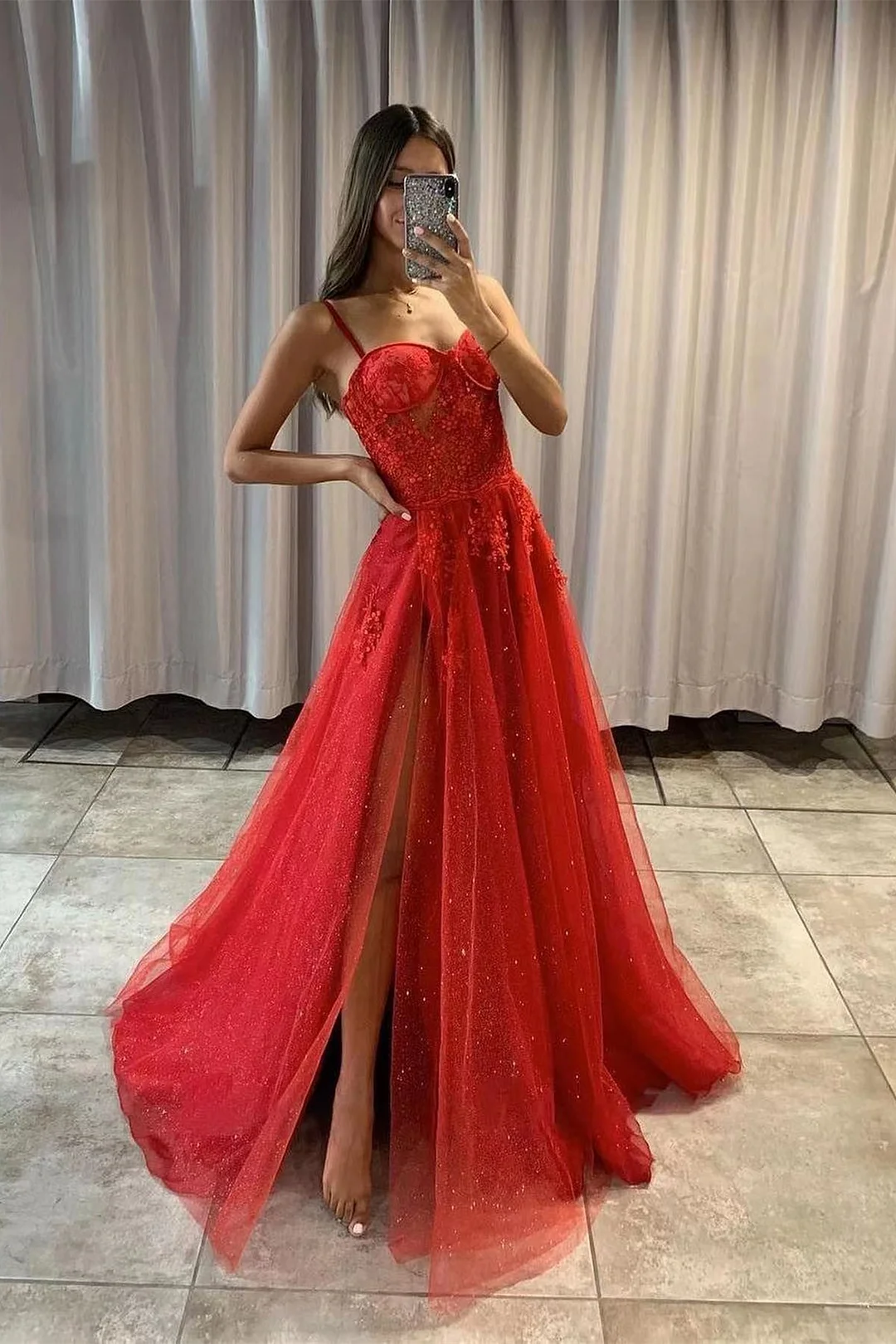 Miabel Red Spaghetti-Strap Slit Sequins Prom Dress Sweetheart With Tulle
