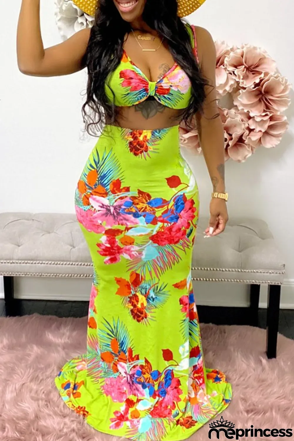 Mint green Sexy Print Split Joint V Neck Sleeveless Two Pieces