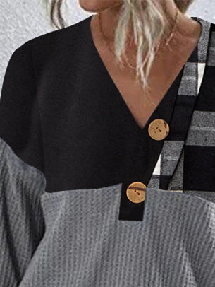 Women Long Sleeve V-neck Plaid Button Top