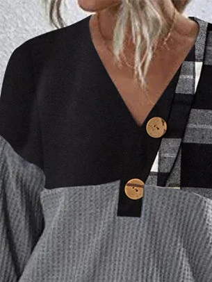 Women Long Sleeve V-neck Plaid Button Top